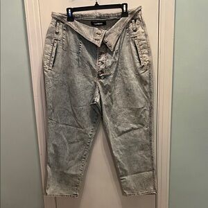 Express Acid Wash Button Fly High Rise Fold Waist Detail Jeans